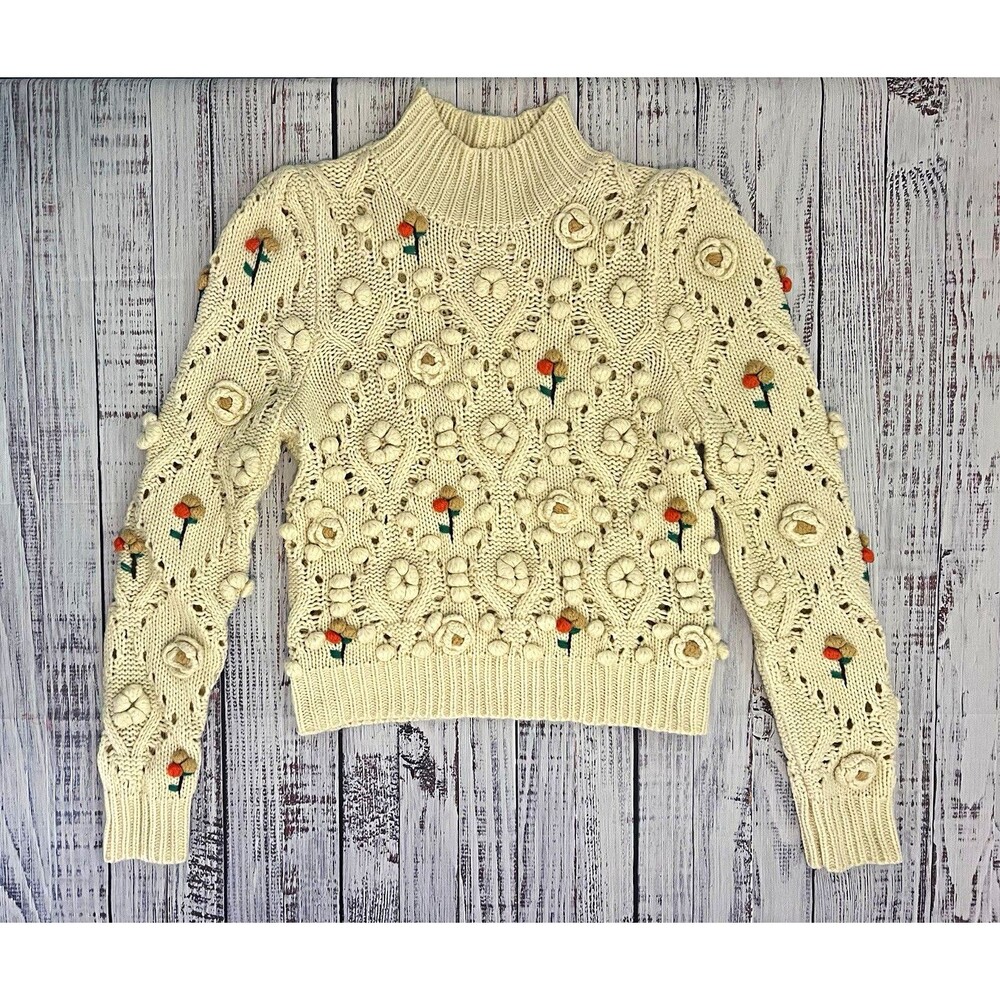 Zara Chunky Knit Floral Pom Pom Sweater Small S Cream Ecru 3D Embroidered Bobble